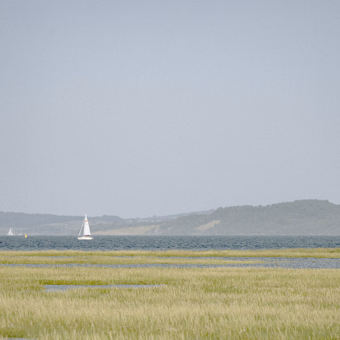 Sailboat on calm water with grassy marshland and distant hills under clear sky.